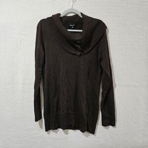 Dalia Lg Dark Brown Ribbed Cowl Neck Sweater with Bronze Button Detail